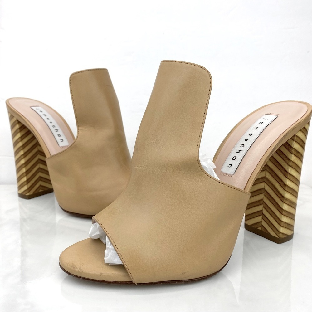 James Chan Block Heel Peep Toe Leather Sandals Women Size 6